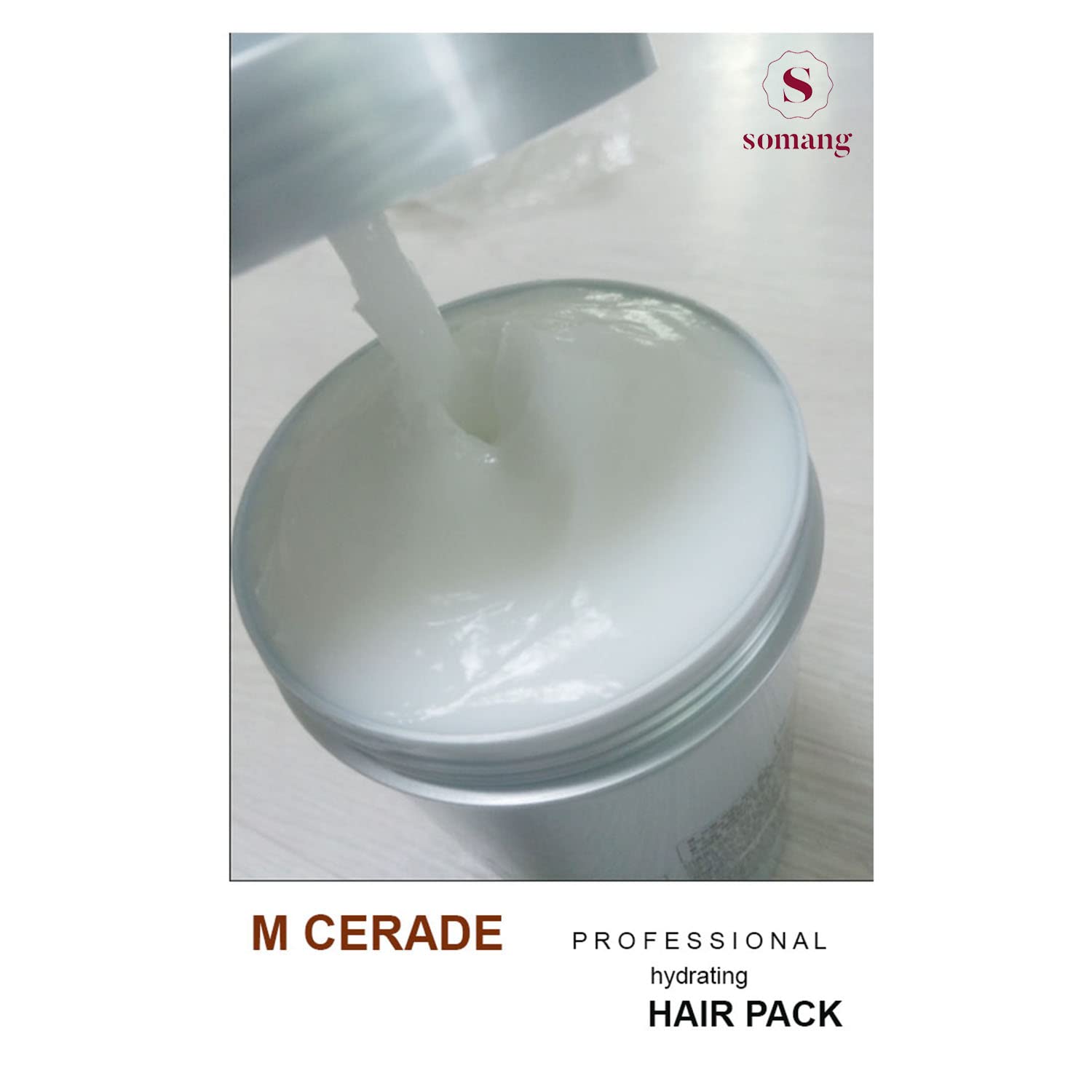 Somang M Cerade Hydrating Hair Pack label detail highlights nourishing ingredients.