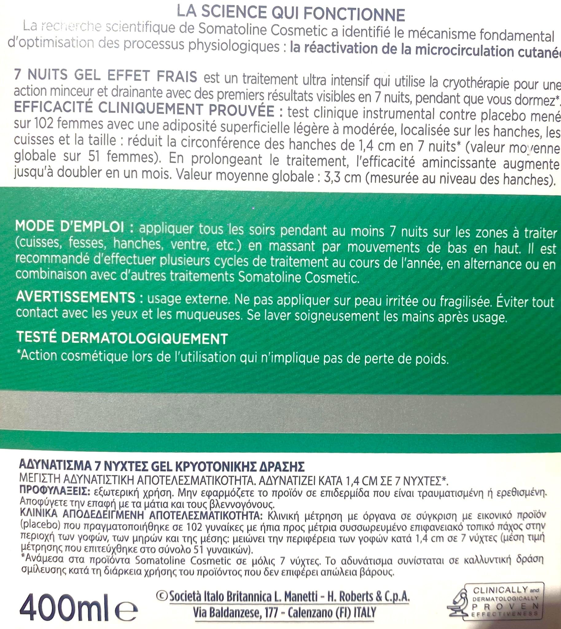 Somatoline Slimming Fresh Gel bottle close-up for quick nightly absorption.