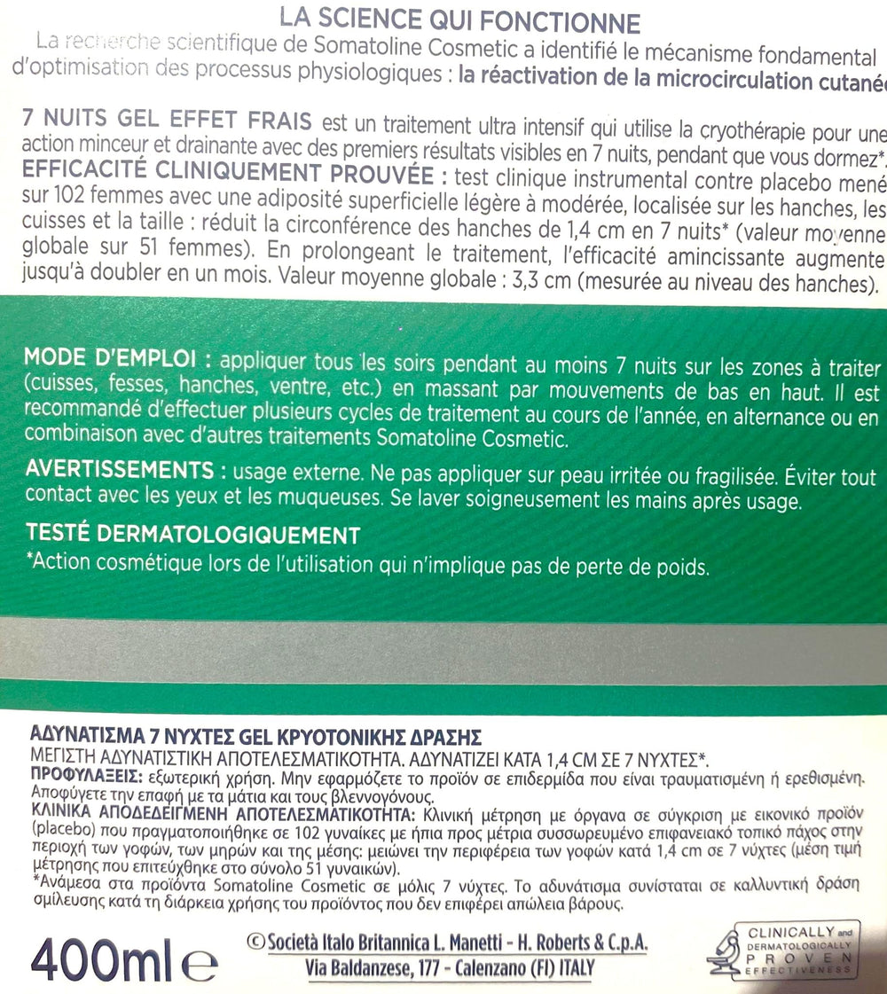 Somatoline Slimming Fresh Gel bottle close-up for quick nightly absorption.