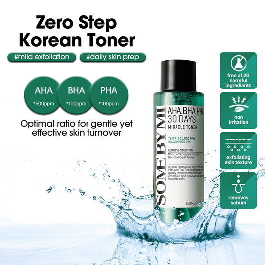 Some By Mi Miracle Toner application swatch shows gentle resurfacing for all skin types.