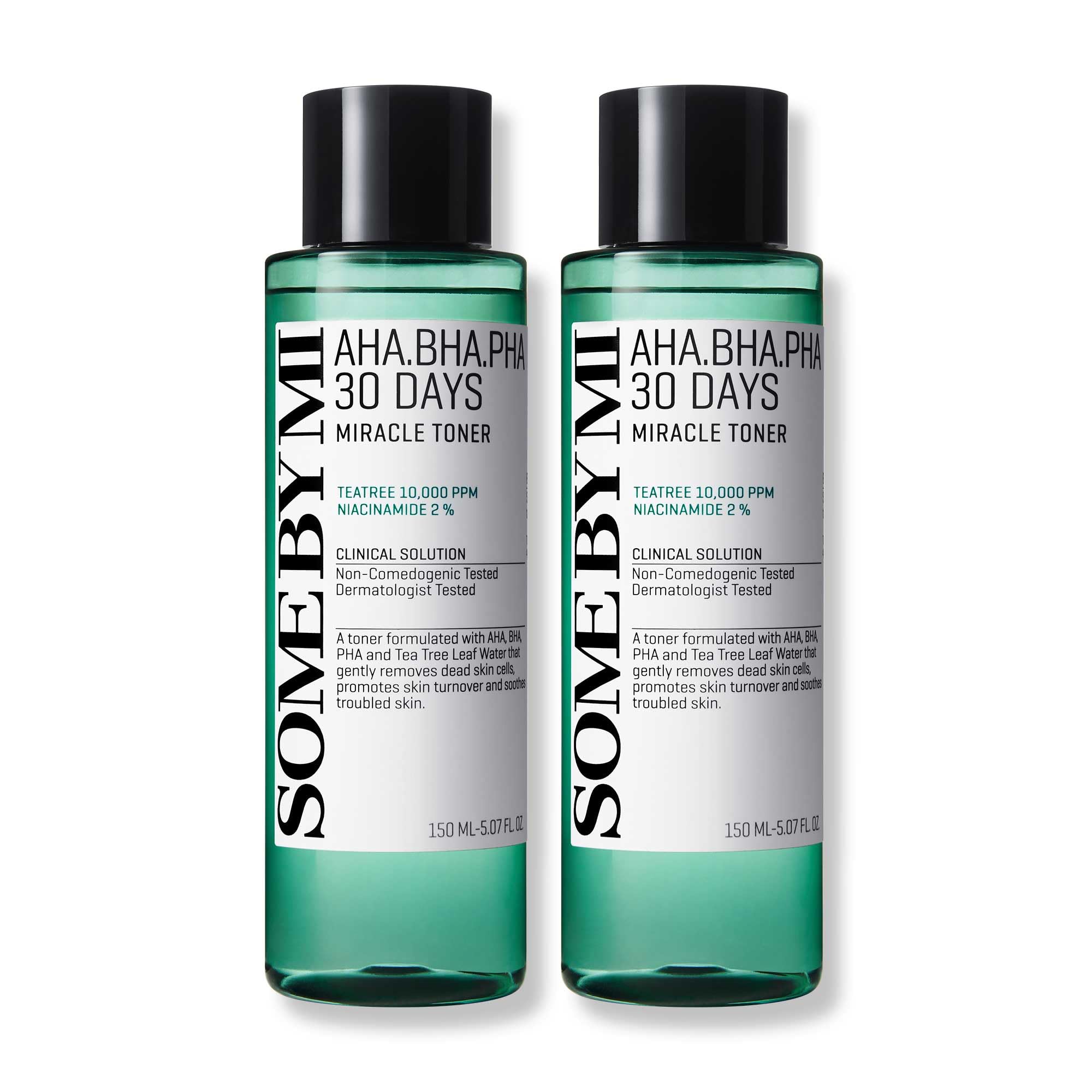 Some By Mi AHA BHA PHA Miracle Toner bottle demonstrates exfoliation for smoother skin.
