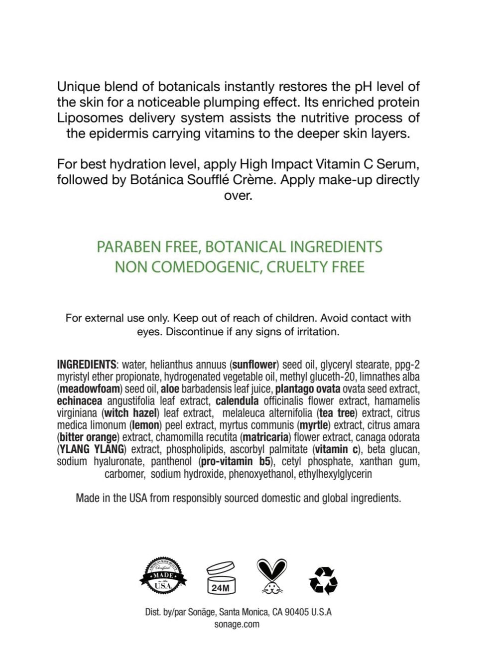 Ingredients label emphasizes Aloe Vera, Chamomile, Matricaria among natural botanicals