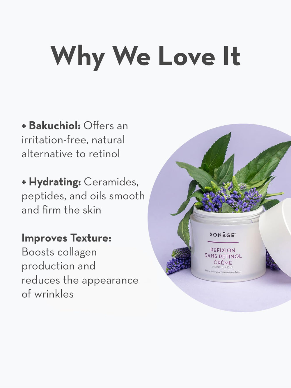 SONAGE Refixion Sans Retinol Cream application dot highlights quick, even absorption.