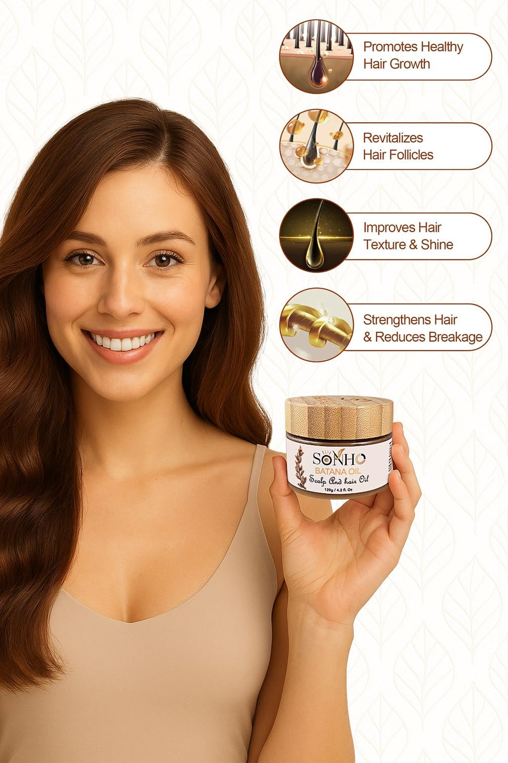 SONHO Batana Oil on shiny, healthy-looking hair.