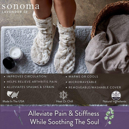 Sonoma Lavender Spa Booties warming in microwave for plush comfort