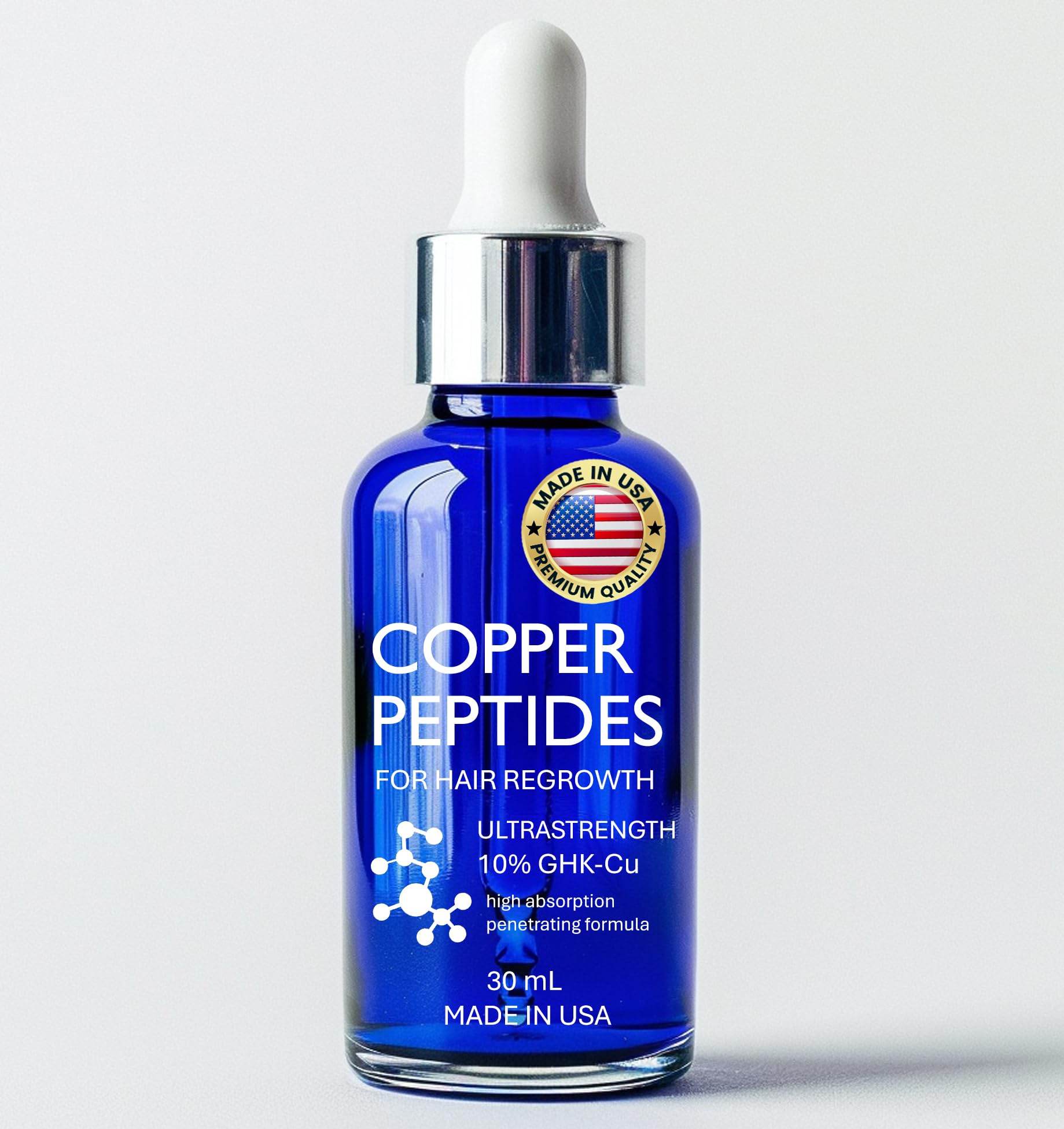 Sonora Supply Co copper peptides hair growth serum bottle promotes fuller hair on the scalp.