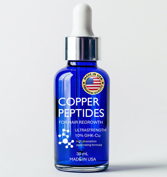 Sonora Supply Co copper peptides hair growth serum bottle promotes fuller hair on the scalp.