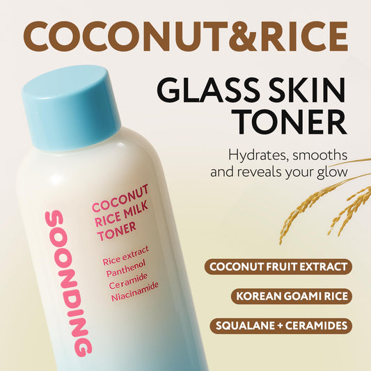 Close-up of SOONDING Coconut Rice Toner pump highlighting a lightweight milky texture for refreshed skin.