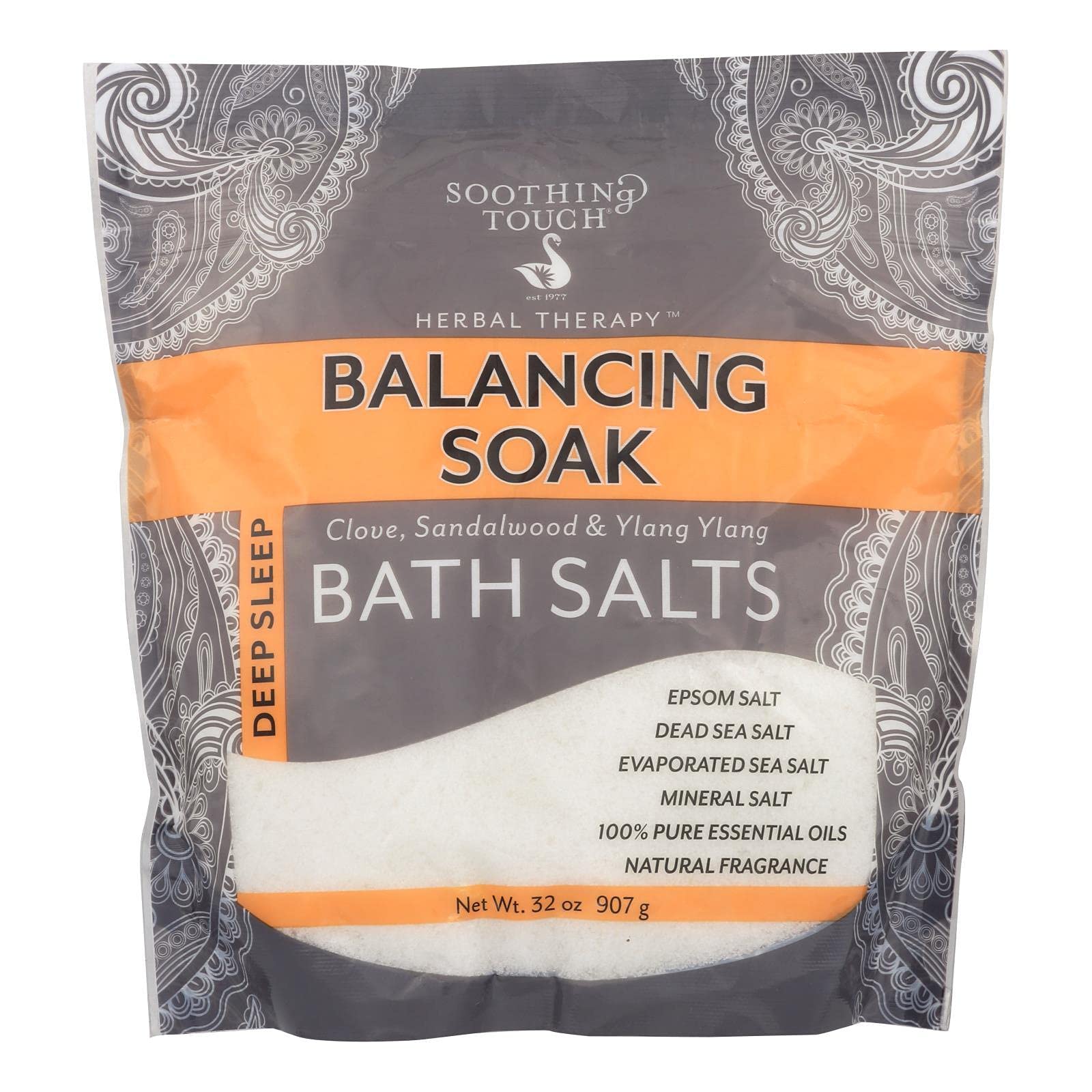 Soothing Touch Balancing Bath Salts bottle pour showing mineral blend for relaxation.