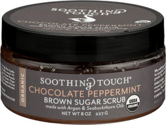Soothing Touch brown sugar scrub jar showcasing chocolate peppermint aroma for silky skin.