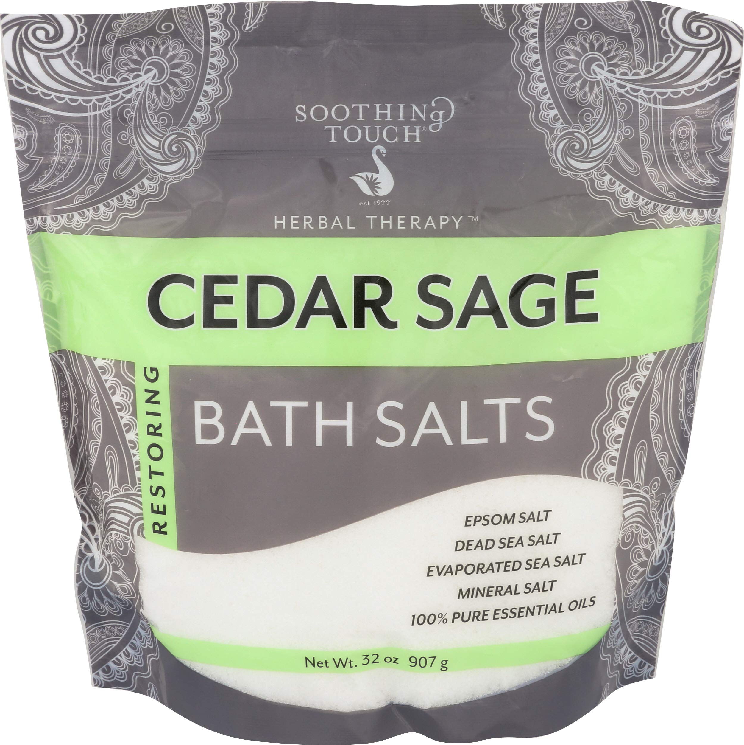 Soothing Touch Cedar Sage bath salts pouch front promotes relaxation with mineral-rich formula.