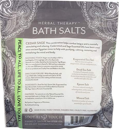 Soothing Touch Cedar Sage bath salts pouch packaging shows essential oil blend for calming ritual.