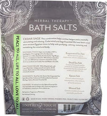 Soothing Touch Cedar Sage bath salts pouch packaging shows essential oil blend for calming ritual.
