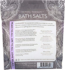 Soothing Touch Lavender Bath Salts close-up highlights Dead Sea minerals for a mineral-rich soak.
