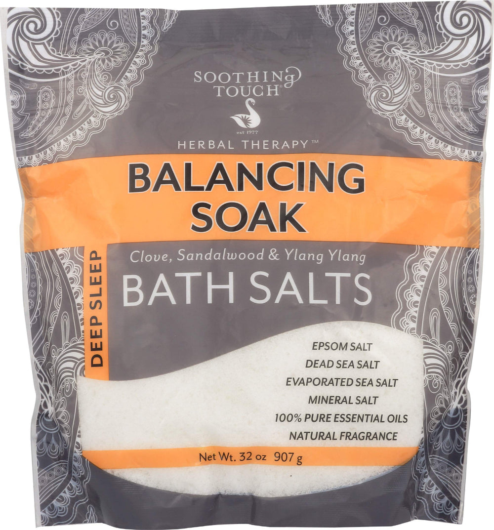 Soothing Touch Deep Sleep Bath Salts bottle shows premium mineral blend for relaxation