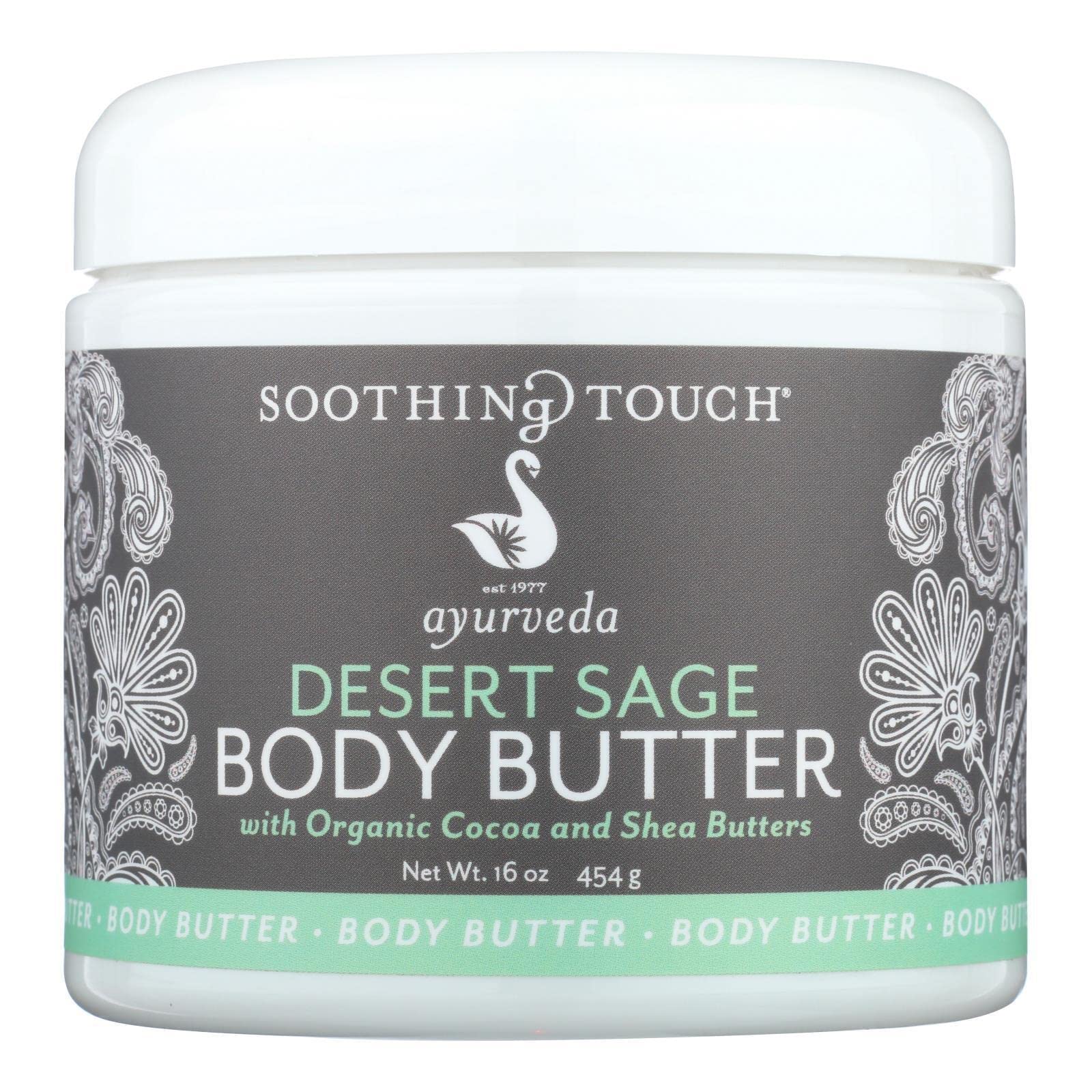 Soothing Touch Desert Sage Body Butter jar reveals creamy, fast-absorbing moisture for daily skin comfort.