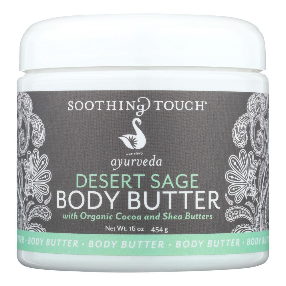 Soothing Touch Desert Sage Body Butter jar reveals creamy, fast-absorbing moisture for daily skin comfort.