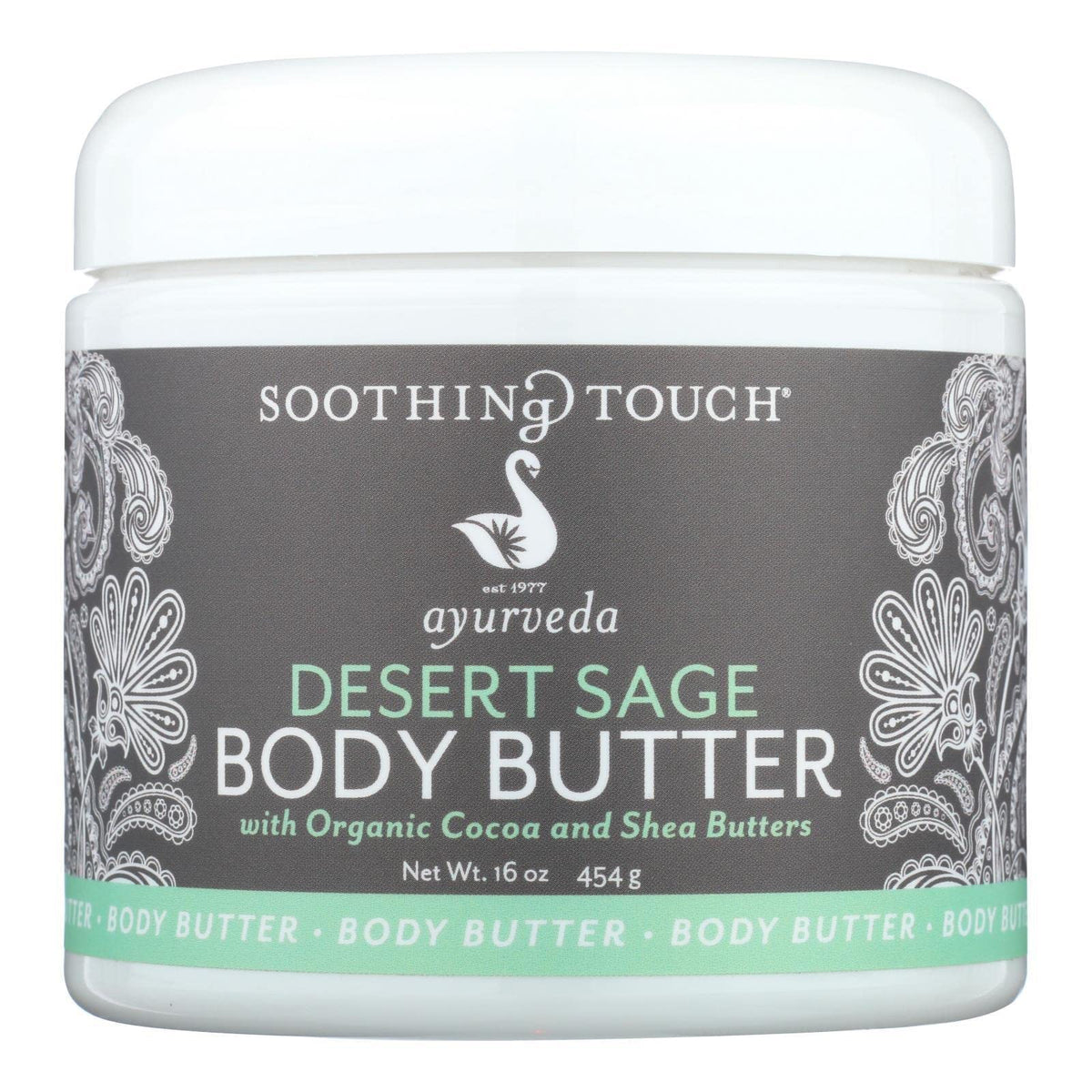 Soothing Touch Desert Sage Body Butter jar reveals creamy, fast-absorbing moisture for daily skin comfort.