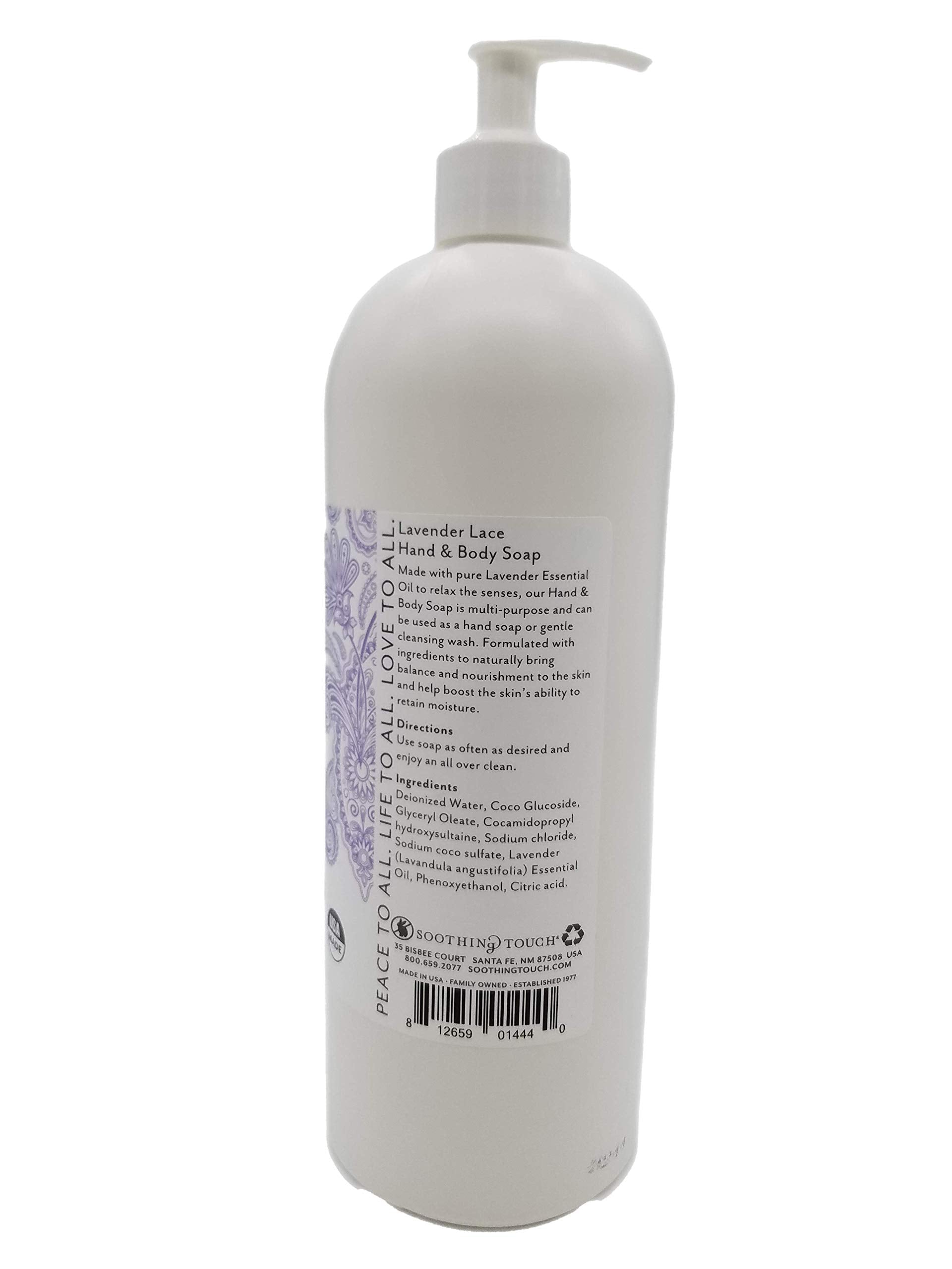 Soothing Touch Lavender Lace bottle closeup showing lavender-scented, soothing lather.