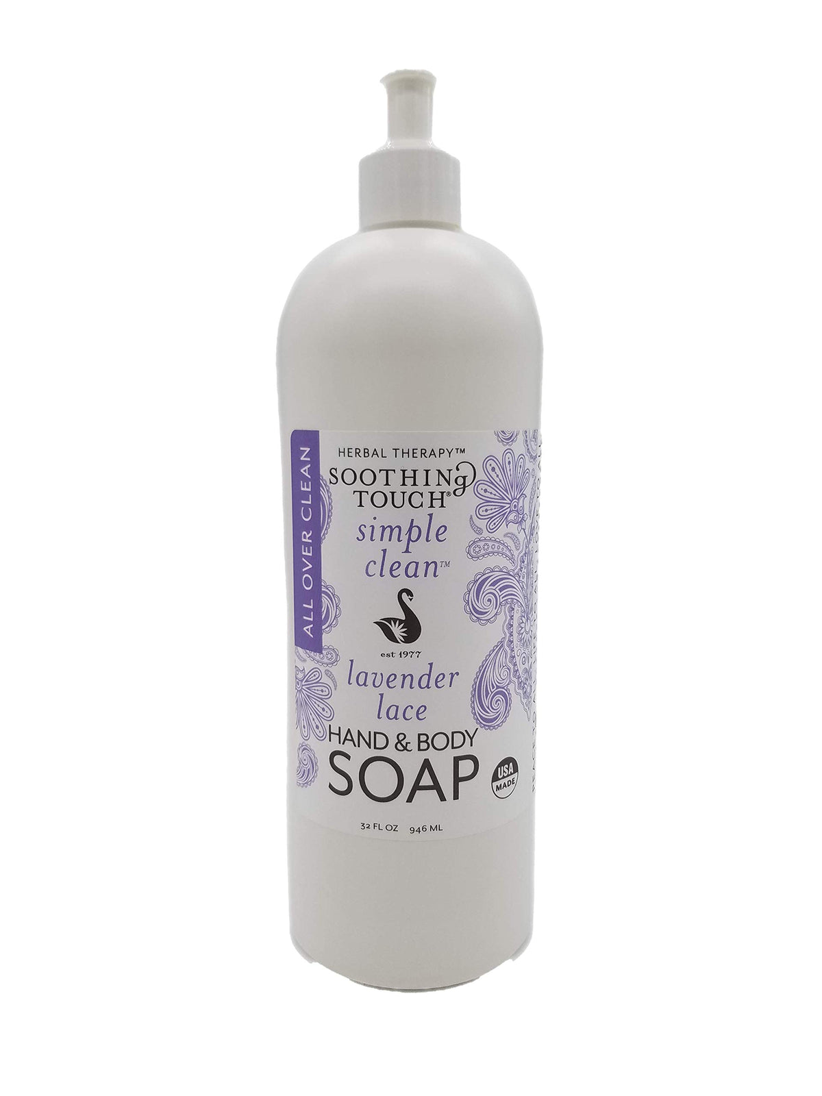 Soothing Touch Lavender Lace bottle pour, a calming cleanser for hands and body.