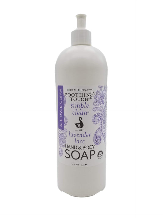 Soothing Touch Lavender Lace bottle pour, a calming cleanser for hands and body.