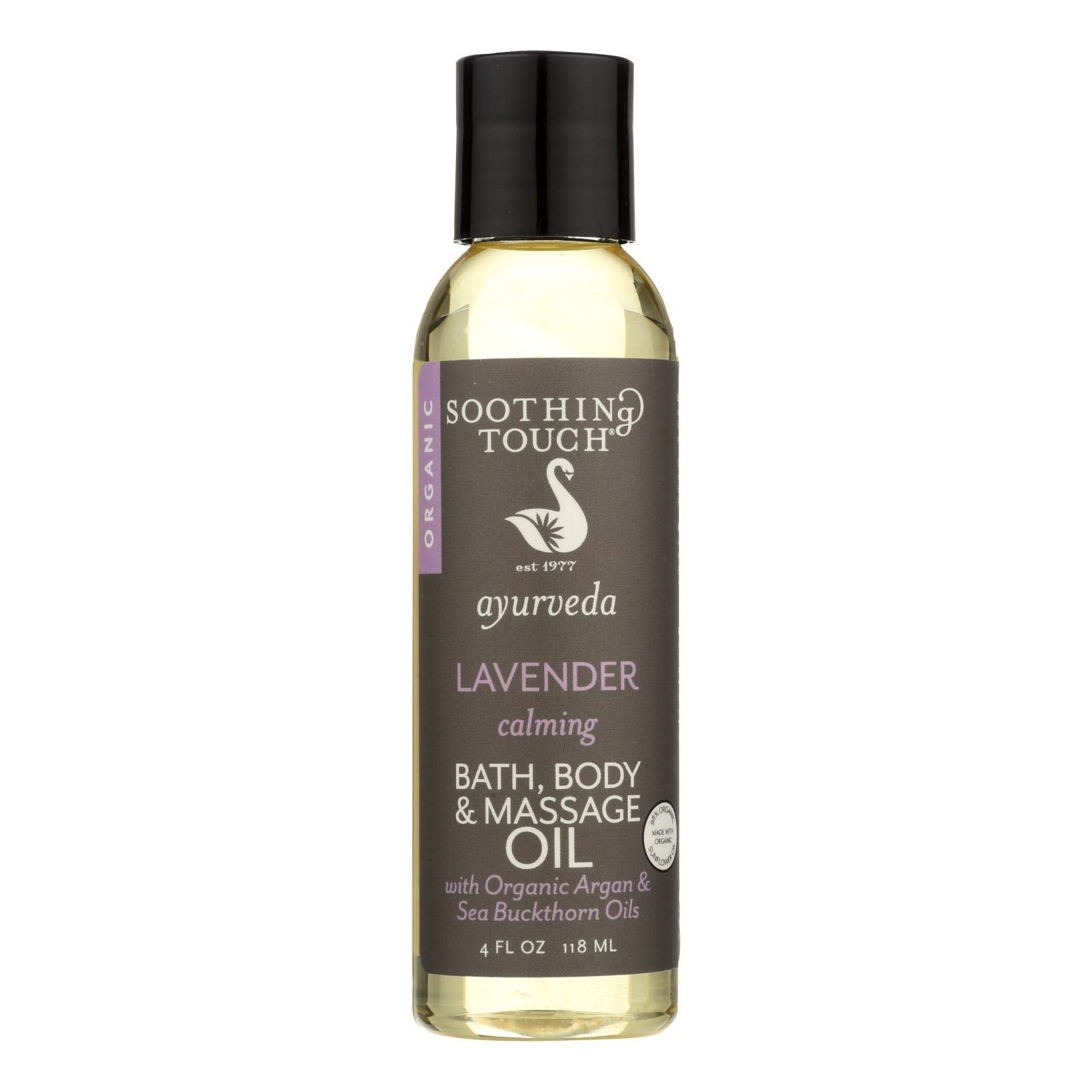 Soothing Touch Lavender Bath & Massage Oil bottle pour, highlighting calming aroma and organic ingredients.