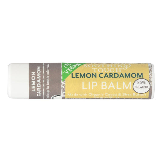 Soothing Touch Lemon Cardamom vegan lip balm in amber tube provides lightweight hydration and refreshing scent.