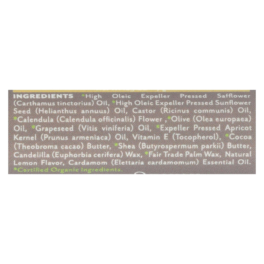 Soothing Touch Lemon Cardamom vegan lip balm packaging front for easy, portable moisture and aroma.