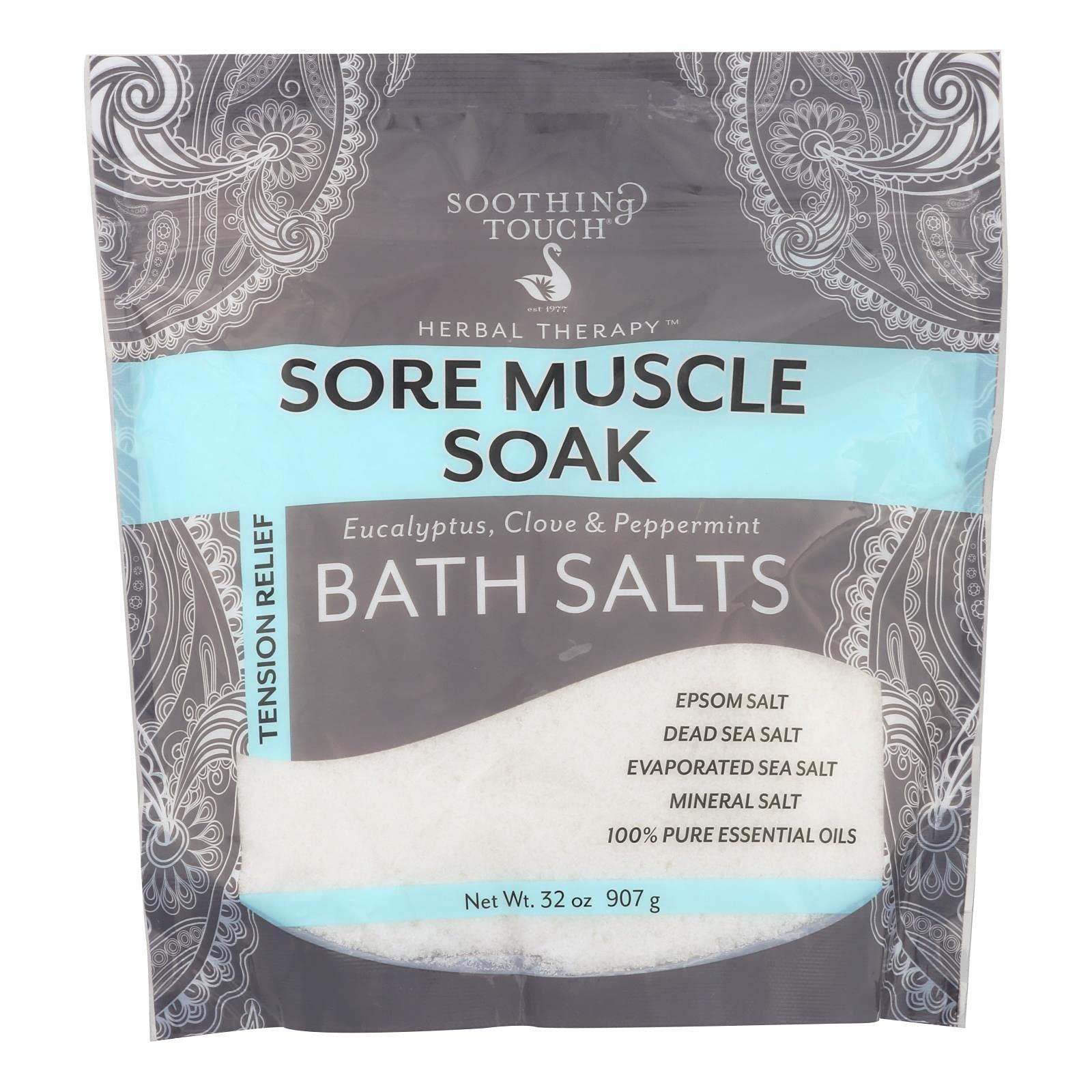 Soothing Touch Muscle Soak bath salts bottle with post-workout relief potential