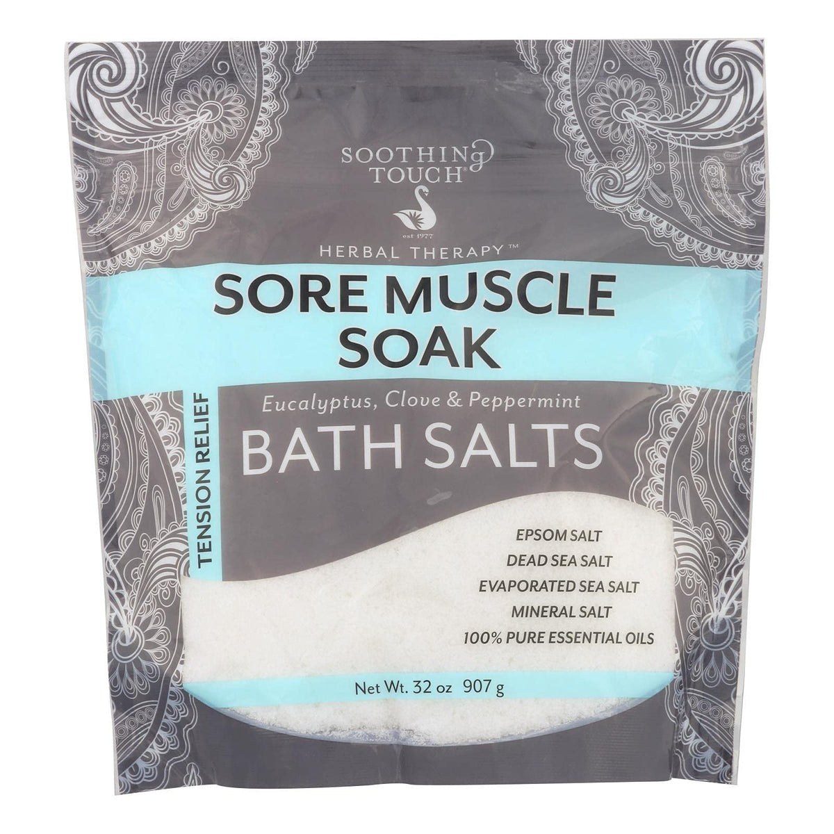 Soothing Touch Muscle Soak bath salts bottle with post-workout relief potential
