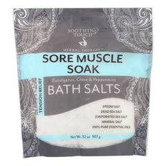 Soothing Touch Muscle Soak bath salts bottle with post-workout relief potential