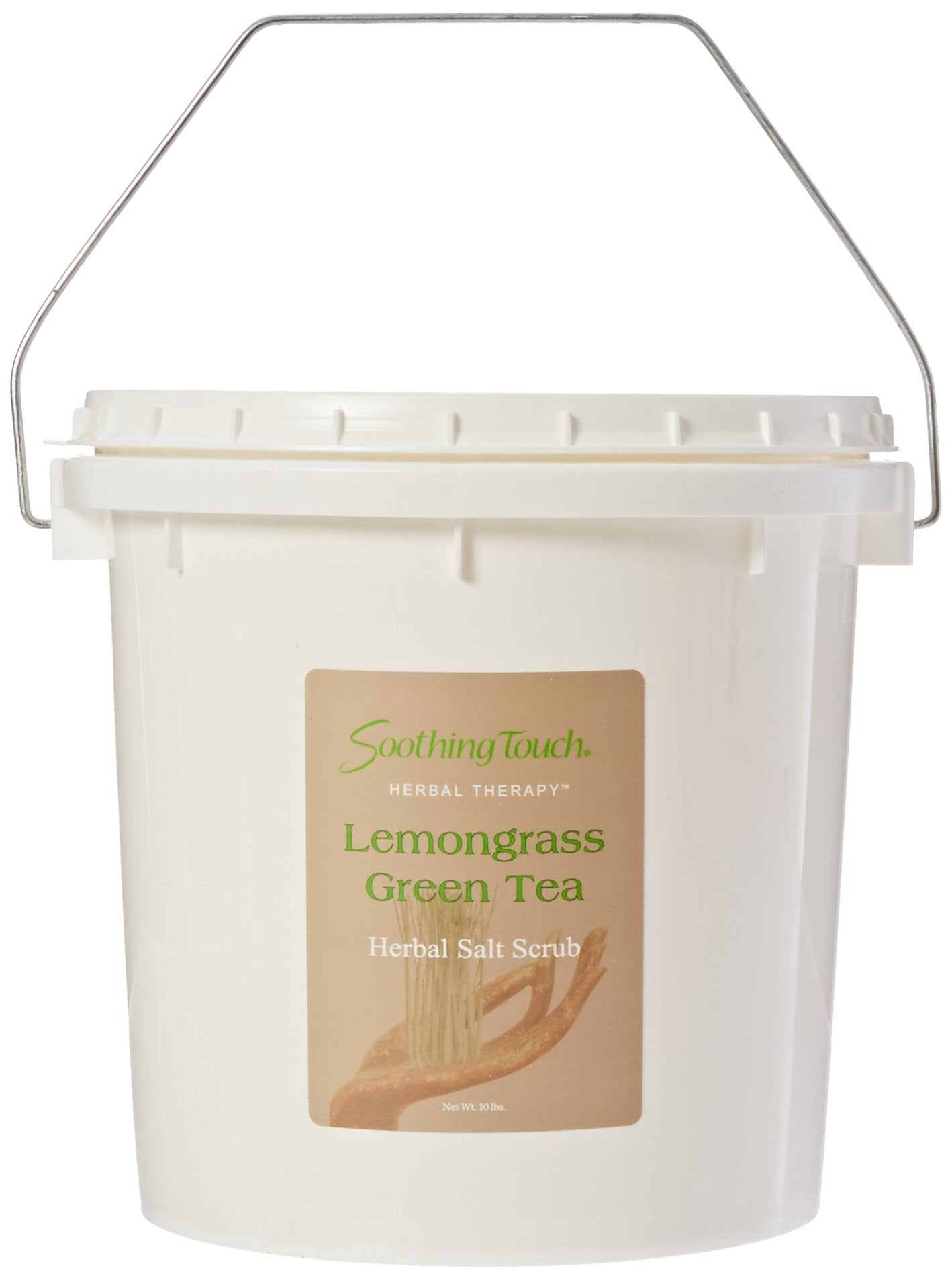 Soothing Touch salt scrub Lemongrass Green Tea jar showing exfoliating texture and fresh scent