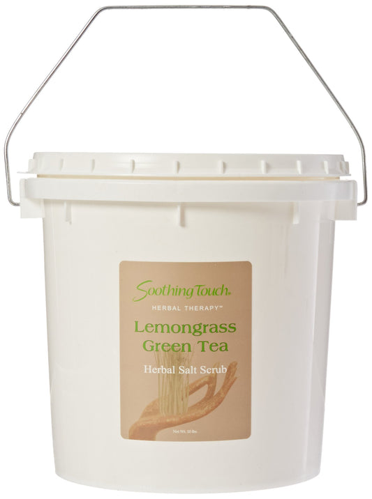 Soothing Touch salt scrub Lemongrass Green Tea jar showing exfoliating texture and fresh scent
