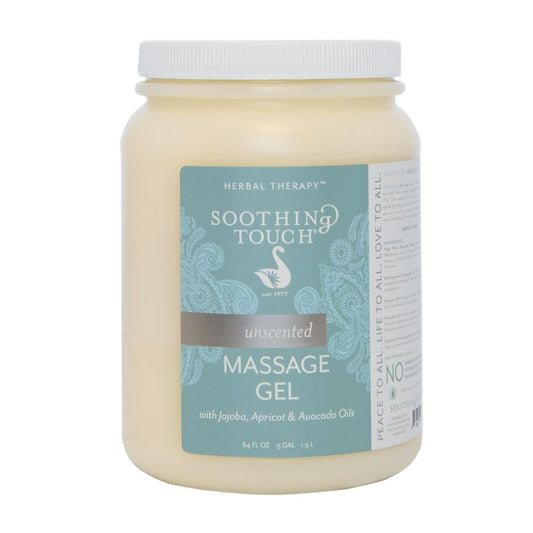 Soothing Touch Unscented Massage Gel 64oz bottle offering long-lasting glide for massage sessions
