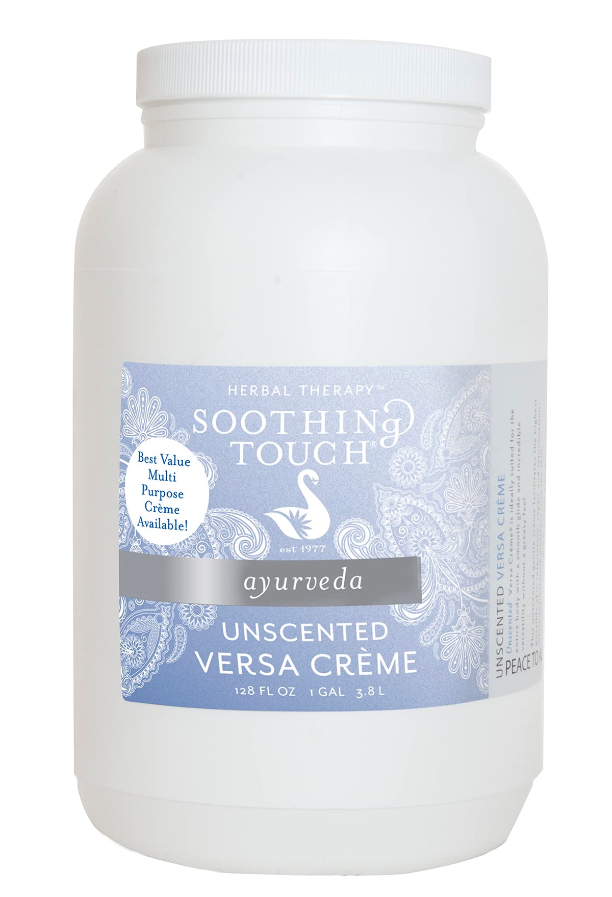 Soothing Touch Versa Creme Unscented 5-gallon bottle with a smooth, non-greasy glide for full-body massage