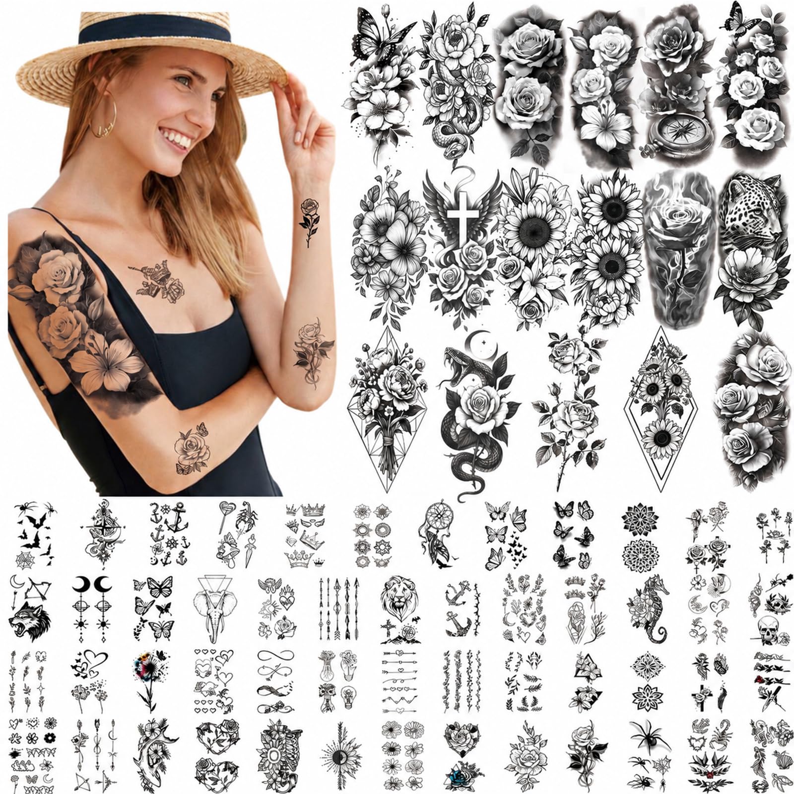 SOOVSY front packaging showing full 92-piece floral tattoo set and variety