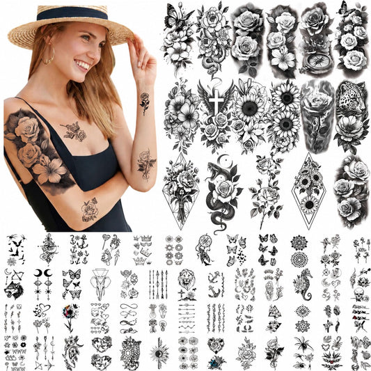 SOOVSY front packaging showing full 92-piece floral tattoo set and variety