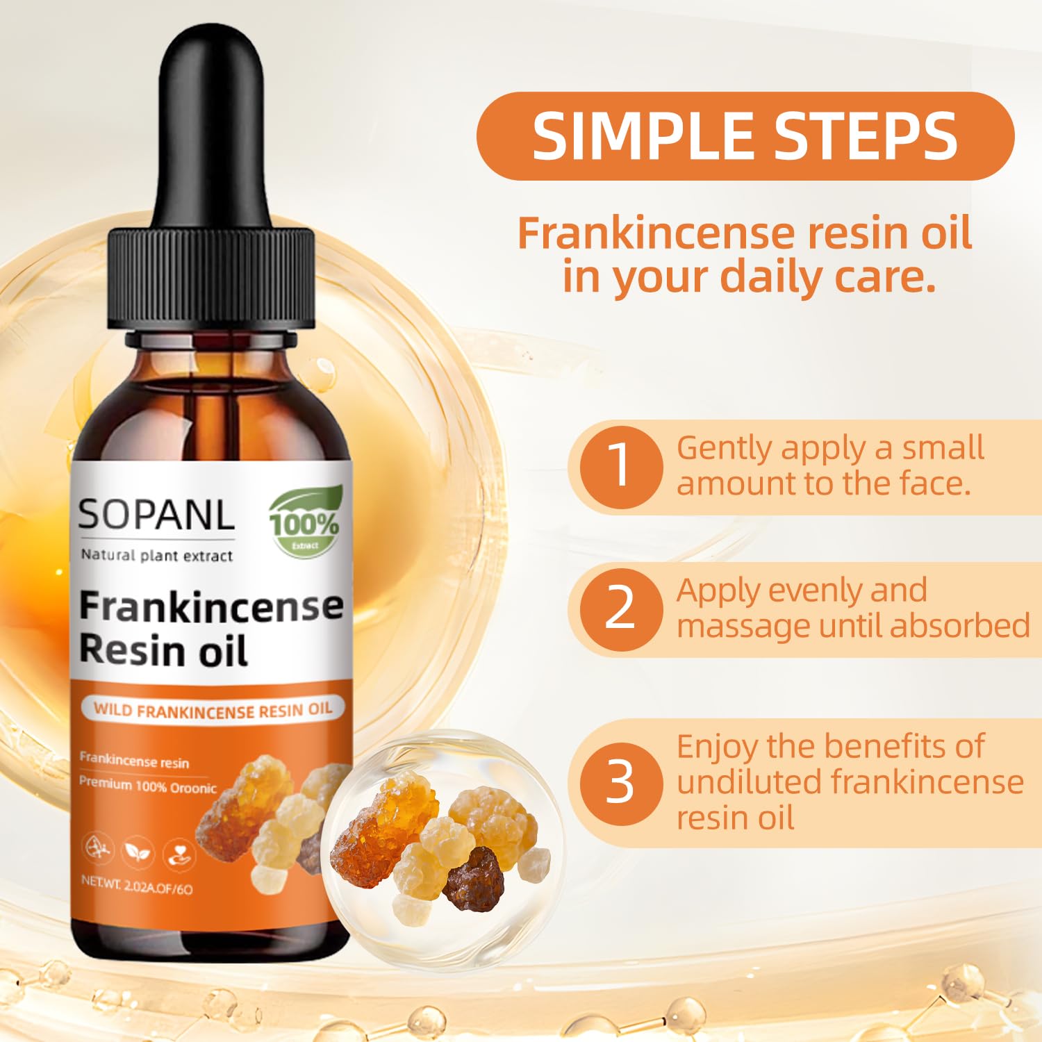 SOPANL Frankincense resin oil dropper in action for gentle facial routine