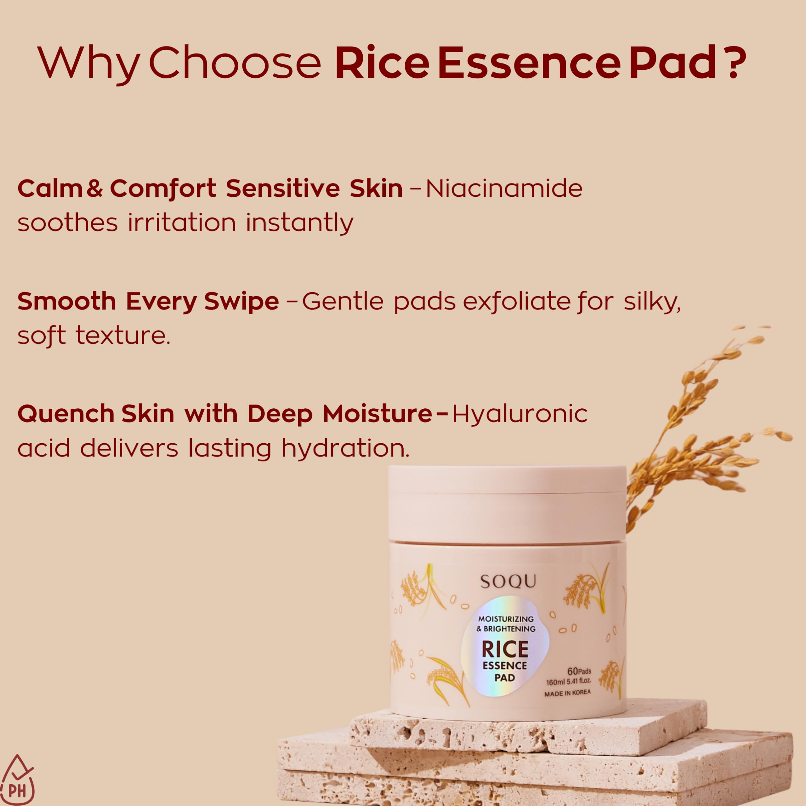 Close-up of SOQU Rice Essence Pad ingredients including hyaluronic acid