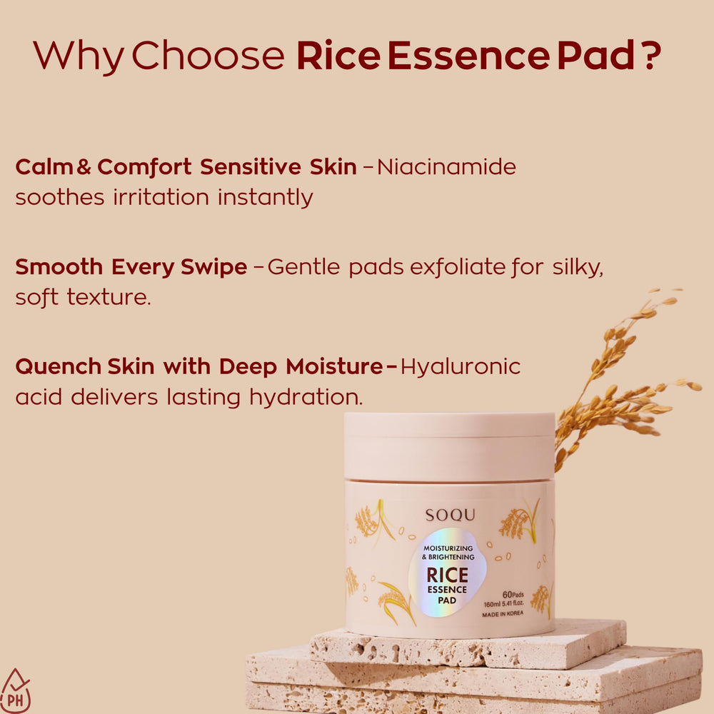 Close-up of SOQU Rice Essence Pad ingredients including hyaluronic acid