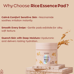 Close-up of SOQU Rice Essence Pad ingredients including hyaluronic acid