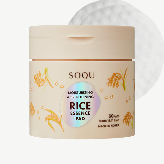 SOQU Rice Essence Pad pack front signals brightening and hydration benefits