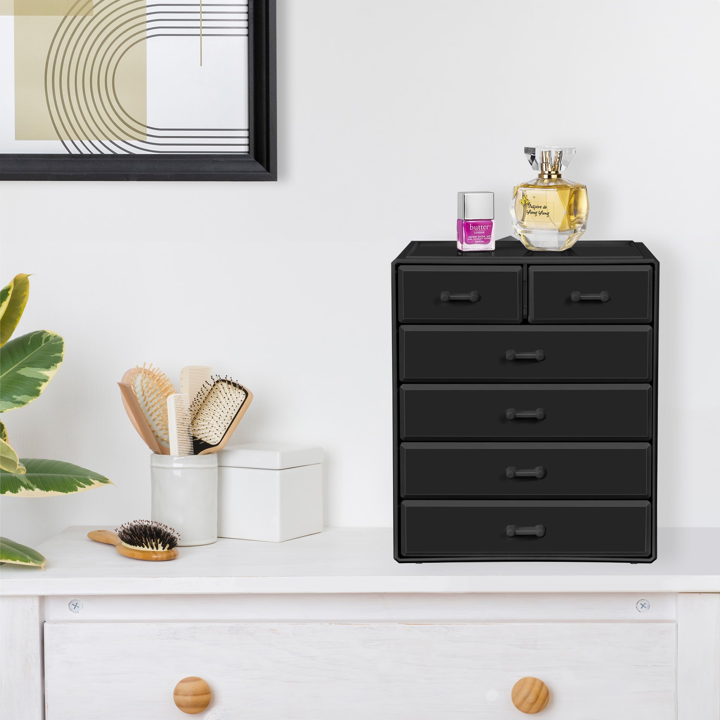 Sorbus acrylic makeup organizer on dresser illustrating a tidy vanity and space-saving design