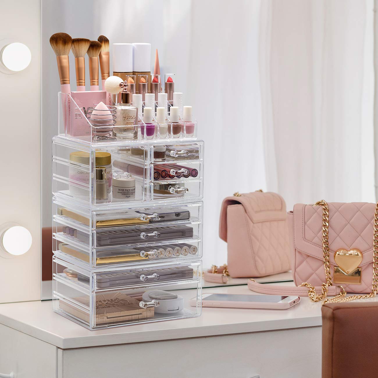 Sorbus large clear makeup organizer bottom column with two drawers for bulkier items.