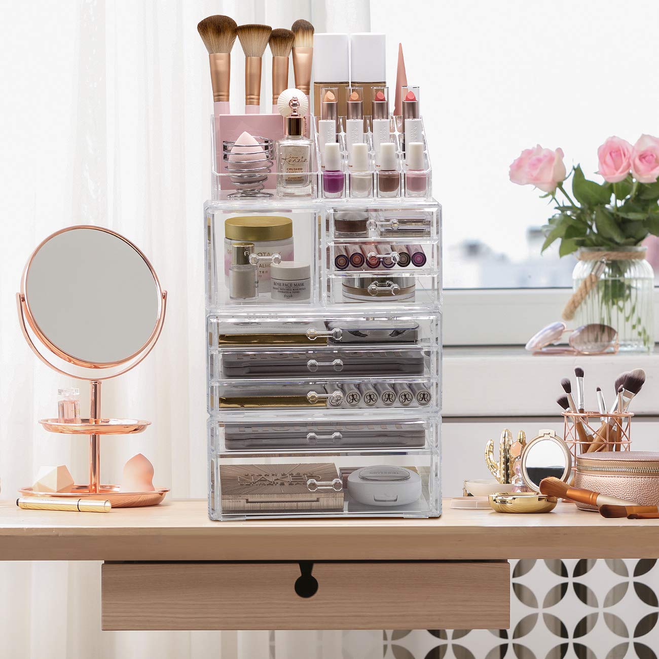 Sorbus large clear makeup organizer drawer close-up showing smooth slides.