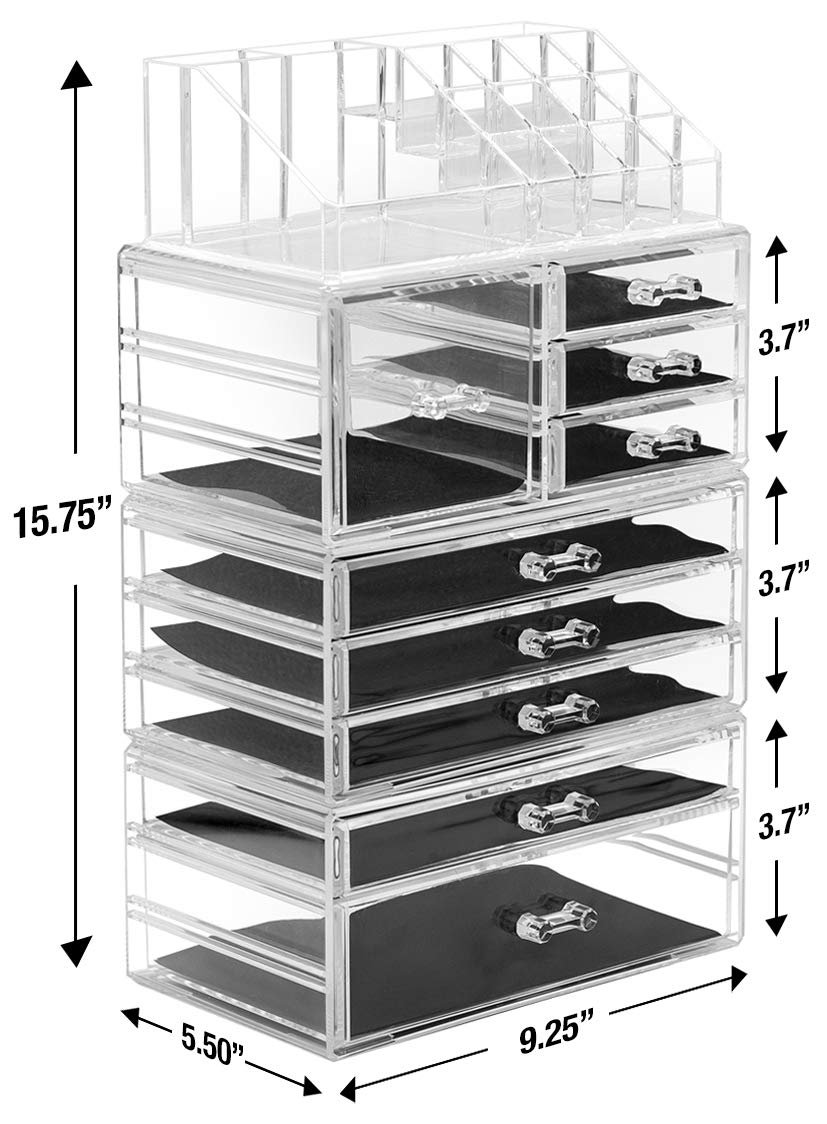 Sorbus large clear makeup organizer middle column with three drawers for separation.