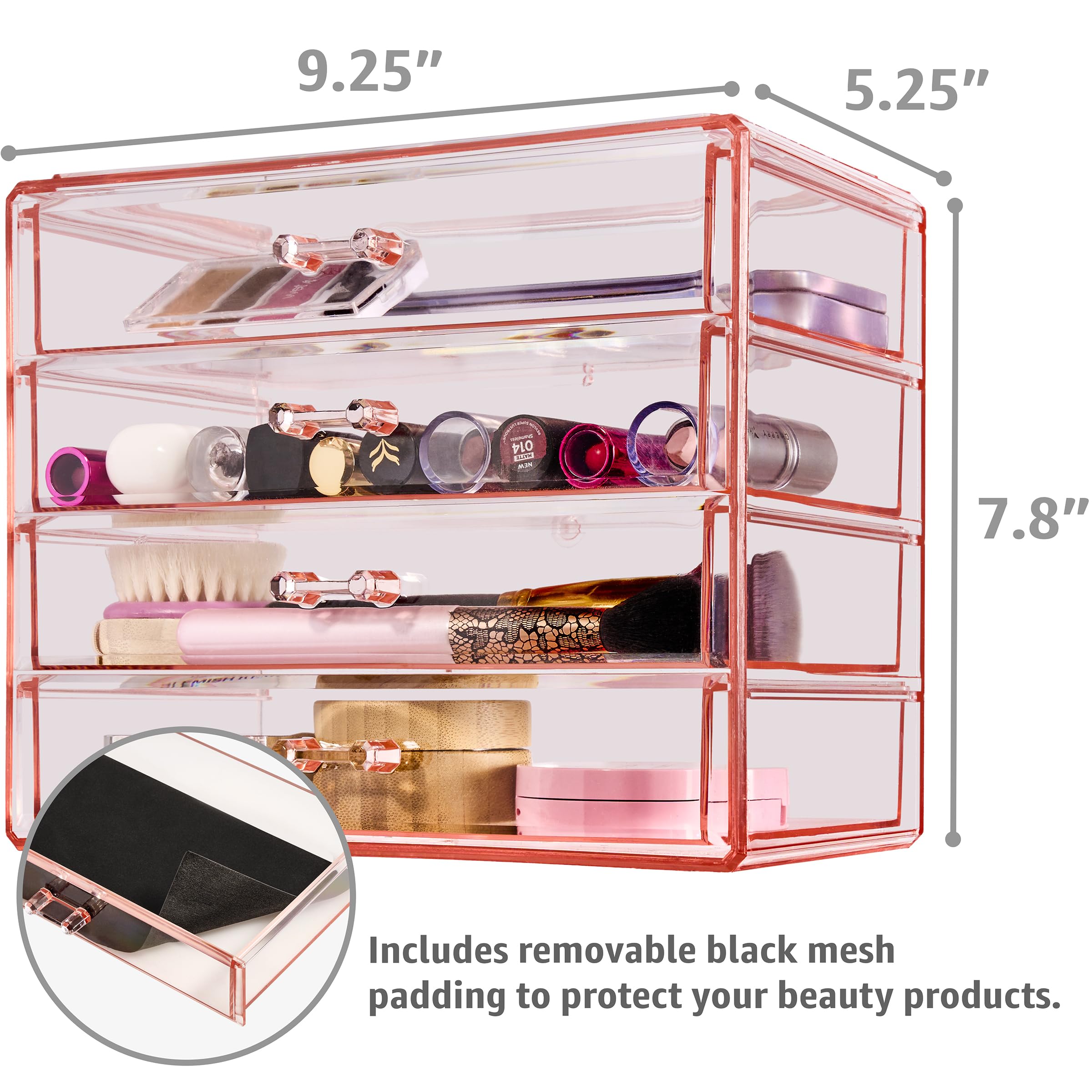 Sorbus makeup organizer clear acrylic for easy visibility of essentials.
