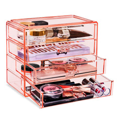 Sorbus makeup organizer front view with four accessible drawers for cosmetics.