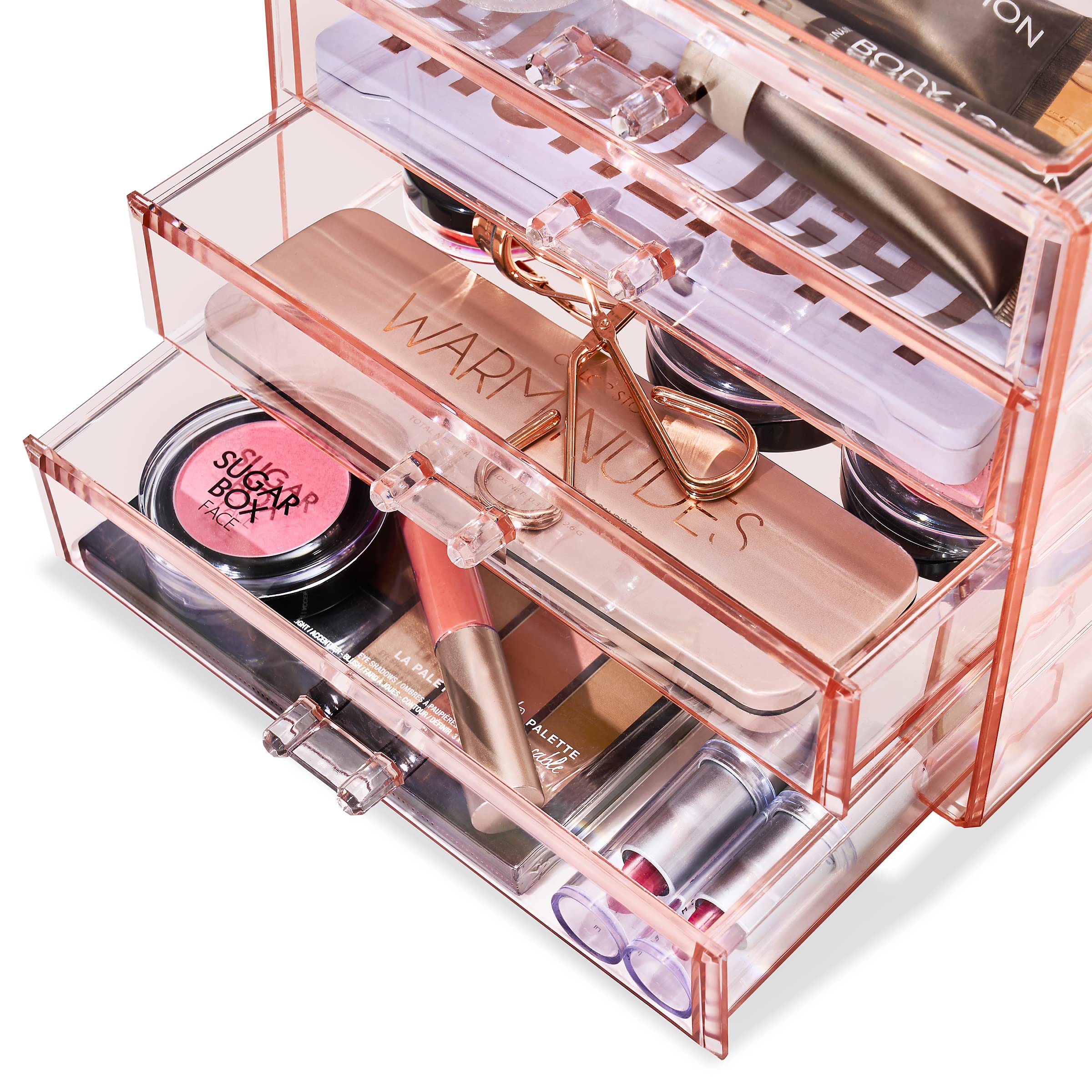 Sorbus makeup organizer on dresser keeps beauty items organized.
