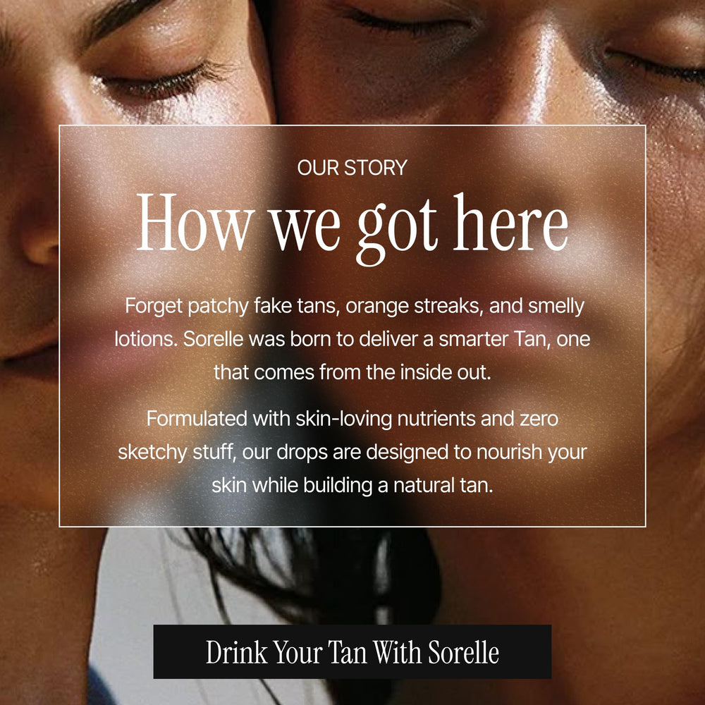 Sorelle Beauty Tanning Drops ingredients panel highlights vegan, natural formula.